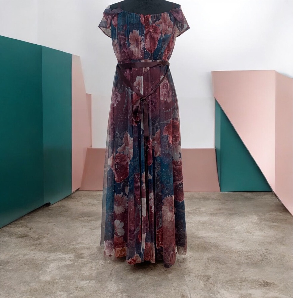 Candalite Women's M Floral Glitter Mesh Maxi Dress Burgundy Teal Off‎ Shoulder M